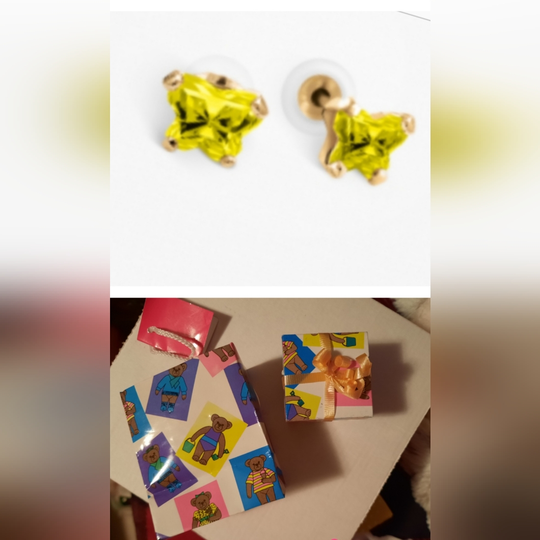 Solid 10k Yellow Gold Genuine B-Fly Girl's Canary Yellow Cz Earrings Studs